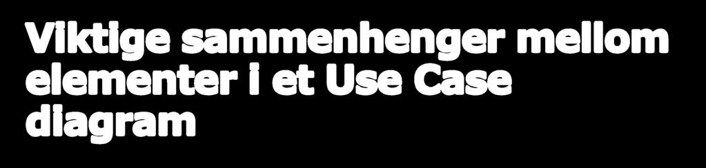 Viktige sammenhenger mellom elementer i et Use Case diagram Bruk (Use): Viser at en aktør er involvert i et brukstilfelle Kan også vise at to brukstilfeller henger sammen Inkluder (Include): Viser at