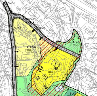 Felt BBB1 ligger i enden av SKV 3 som igjen koples til Bueveien. SKV 3 er i dag privat grunn og går gjennom område med eneboliger.