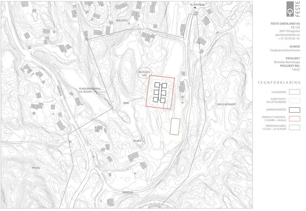 inne: 4m2 netto leke- og oppholdsarealer for barn over 3 år og om lag 1/3 mer per barn under barn ute: omlag 6 ganger leke- og oppholsareal inne 110 barn gir ca 2640m2 (4m2 pr 110 barn X 6) -