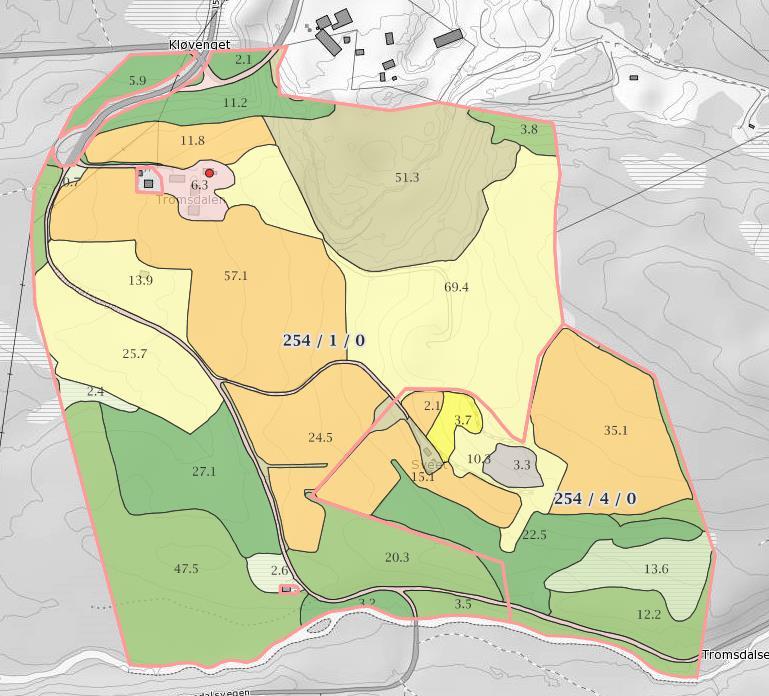 6 Virkninger / konsekvenser av planforslaget Figur 6-13: Gårdskart for eiendommene gnr./bnr.