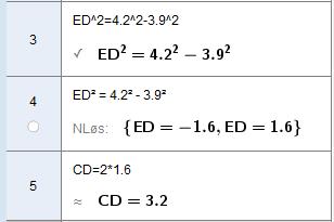 .4.9 Gitt firkanten ABCD. ACD ADC, BAC ABC, AE står normalt på CD og ACB 90. Diagonalen AC er 4, cm og høyden AE er 3,9 cm. a) Finn lengden av AD og BC.