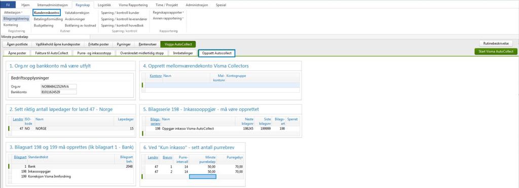 2. Gå til 221. Kundereskontro - fane Oppsett AutoCollect 4 Denne fanen finnes som regel på Regnskap Kundereskontro Visma AutoCollect 1. Org.