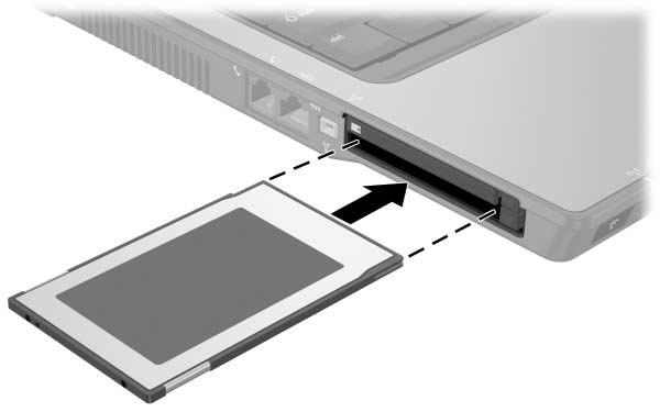 Maskinvarekomponenter Sette inn et PC-kort ÄOBS: Slik unngår du å skade kontaktene: Bruk minst mulig kraft når du setter PC-kortet inn i PC-kortsporet.