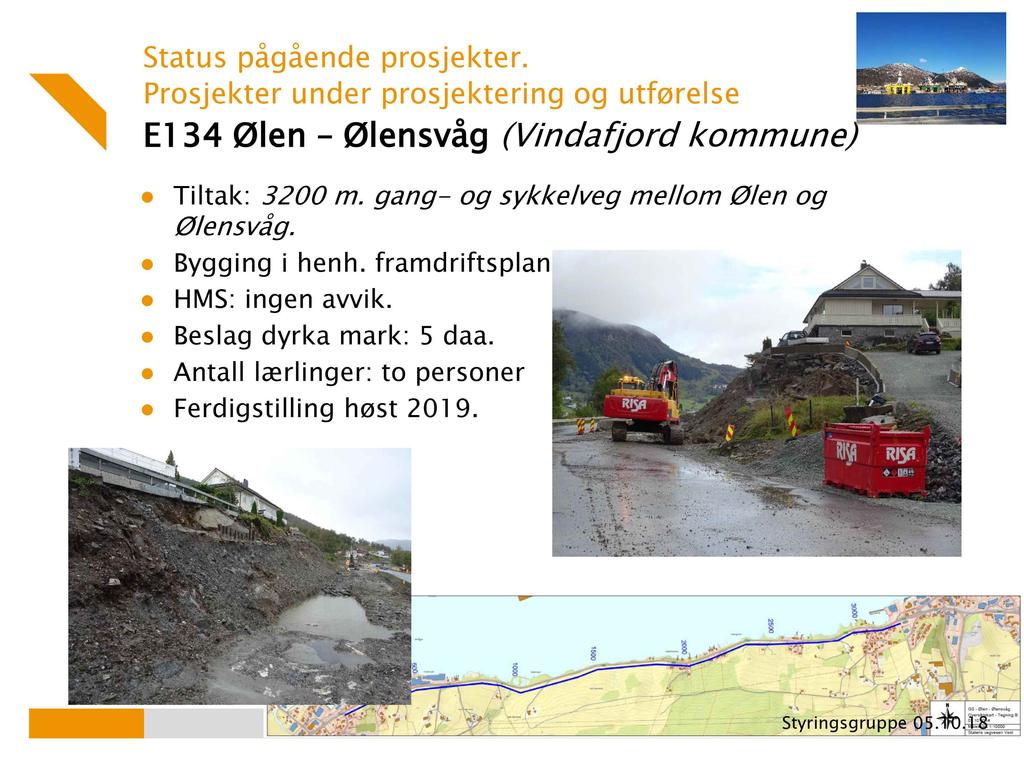 Prosjekter under prosjektering og utførelse E1 34 Ølen Ølensvåg (Vindafjord kommune) Tiltak: 3200 m.
