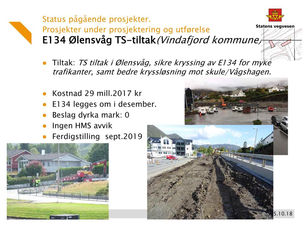 Prosjekter under prosjektering og utførelse E1 34 Ølensvåg TS - tiltak (Vindafjord kommune) Tiltak: TS tiltak i Ølensvåg, sikre kryssing av E134 for myke