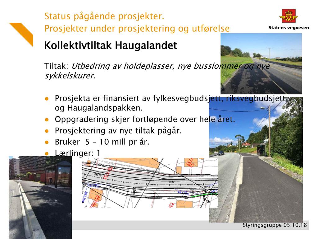 Prosjekter under prosjektering Kollektivtiltak Haugalandet og utførelse Tiltak: Utbedring av holdeplasser, nye busslommer og nye sykkelskurer.
