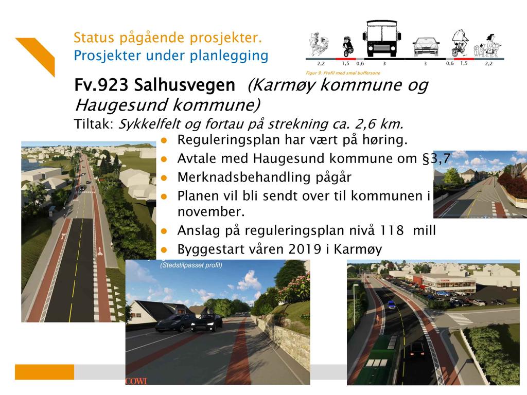 Prosjekter under planlegging Fv.923 Salhusvegen (Karmøy kommune og Haugesund kommune) Tiltak: Sykkelfelt og fortau på strekning ca. 2,6 km. Reguleringsplan har vært på høring.