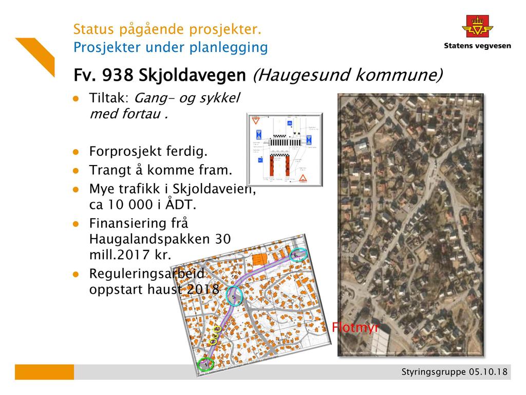 Prosjekter under planlegging Fv. 938 Skjoldavegen (Haugesund kommune) Tiltak: Gang - og sykkel med fortau. Forprosjekt ferdig.