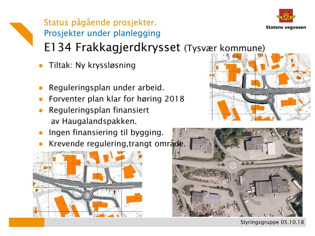 Prosjekter under planlegging E1 3 4 Frakkagjerdkrysset (Tysvær kommune) Tiltak: Ny kryssløsning Reguleringsplan under arbeid.