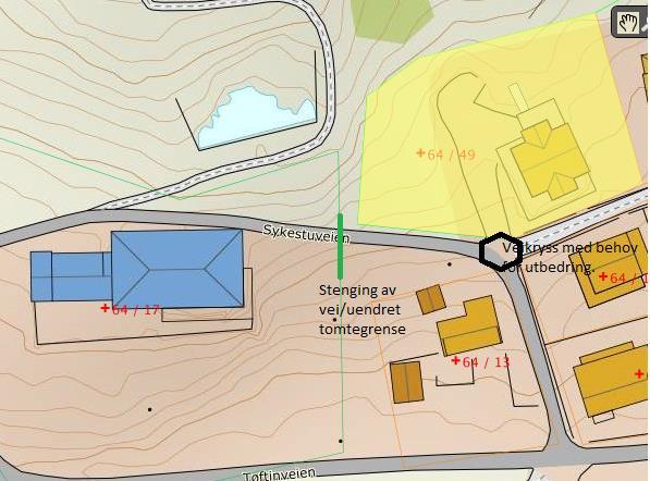 10 Det er i dag to eiere på Gnr 64/bnr49 og ved et fremtidig ønske om utvikling av egen eiendomsmasse vil stenging slik det beskrives i forslag være til hinder for dette.