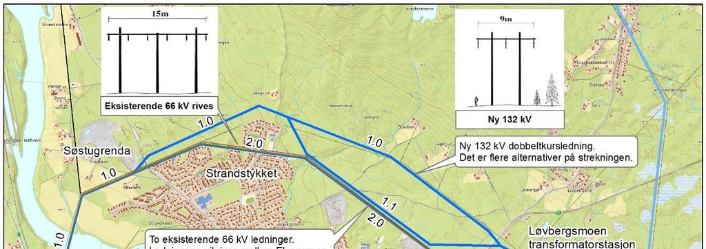 Vurdering av alternative traséer for luftledning mellom Elverum og Løvbergsmoen transformatorstasjoner Omsøkt løsning fra konsesjonssøknad Innsendte konsesjonssøknad søker om å rive en gammel