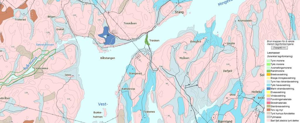 Kvikkleire Løsmassene består i stor grad av et tynt dekke av hav- og strandavsetning. Det er ikke avdekket grunnforhold som kan hindre gjennomføring av prosjektet.