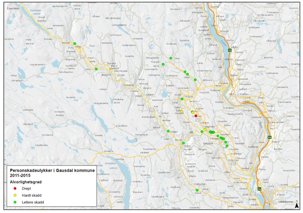 Hvor skjer ulykkene i Gausdal? Kartet viser hvor det har skjedd ulykker og alvorlighetsgrad for disse. Fv 255/254 er de mest ulykkesbelastede vegene i kommunen.