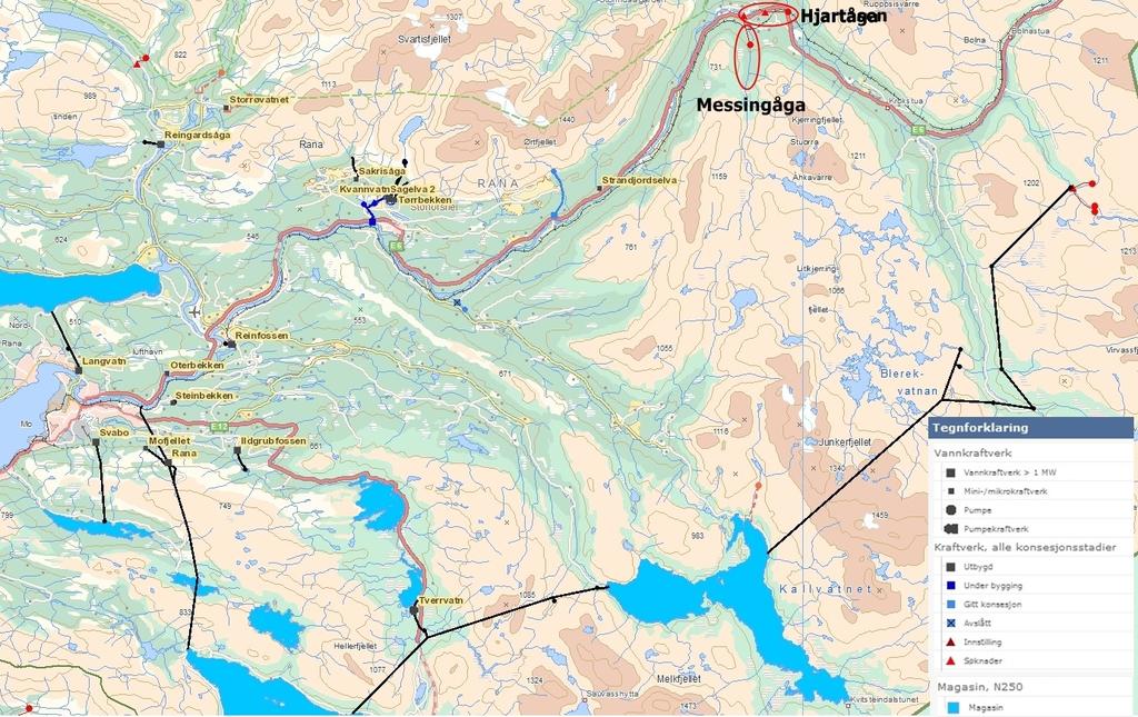 Figur 5 Oversiktskart som viser utbygde og omsøkte vannkraftverk. Messingåga og Hjartås kraftverk er vist med røde sirkler.