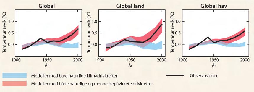 Figur 2 Sammenligning mellom observerte og modellerte temperaturendringer på kontinental og global skala gjennom forrige århundre (IPPC 2007).