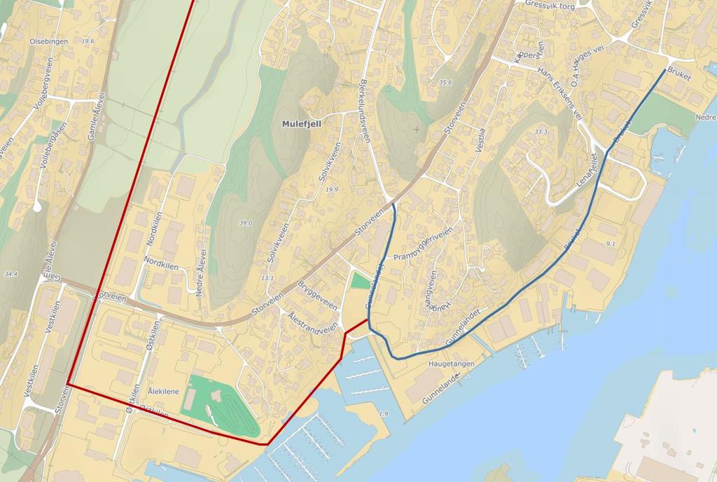 12 Figur 14: Regulert industrivei i Gunnelandet i blått og planlagt omkjøringsvei i rødt. Bakgrunnskart: finn.no.