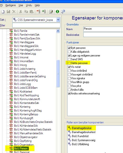 Person BoU Under Komponent velger du videre å merke BoU.Person, Videre merker du Barnehagebruker under Roller som benytter komponenten.