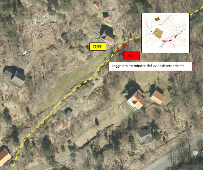 Strekningen vil flyttes over på gnr/bnr 76/2 som vist i illustrasjonene nedenfor. For å realisere dette må kommunen felle 2-3 trær og fylle opp med noe masse (jord/bark).