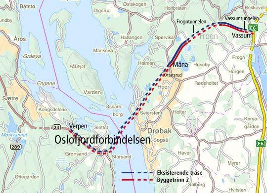 1.3.1 Riksveg 23 Oslofjordforbindelsen Byggetrinn 2 (OF2) Oslofjordtunnelen mellom Måna og Verpen, Frogntunnelen og Vassumtunnelen utgjør en del av rv. 23 og Oslofjordforbindelsen. Rv.