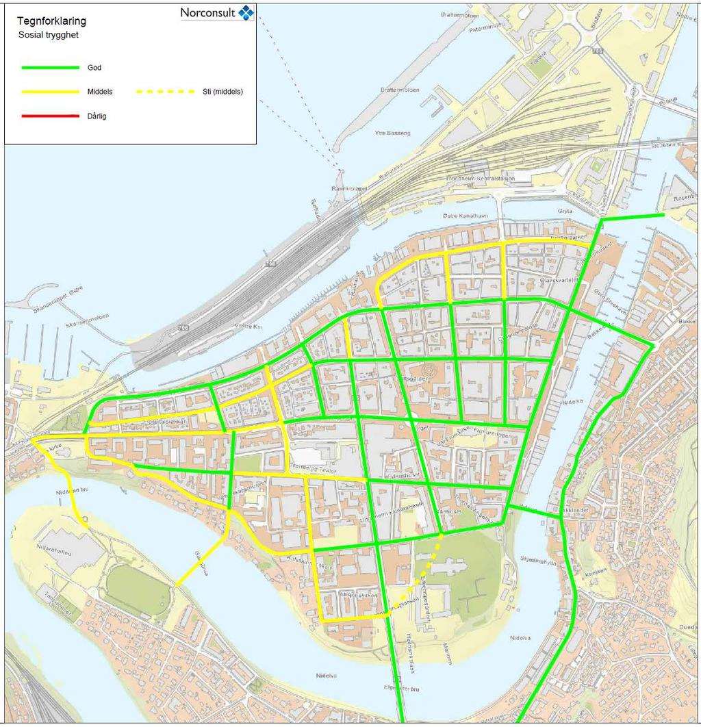 Oppsummering av nettverksanalysen for syklister i Midtbyen Sosial trygghet I forhold til sosial trygghet viser vår kartlegging og vurdering av dette at Midtbyen i all hovedsak oppleves som sosialt