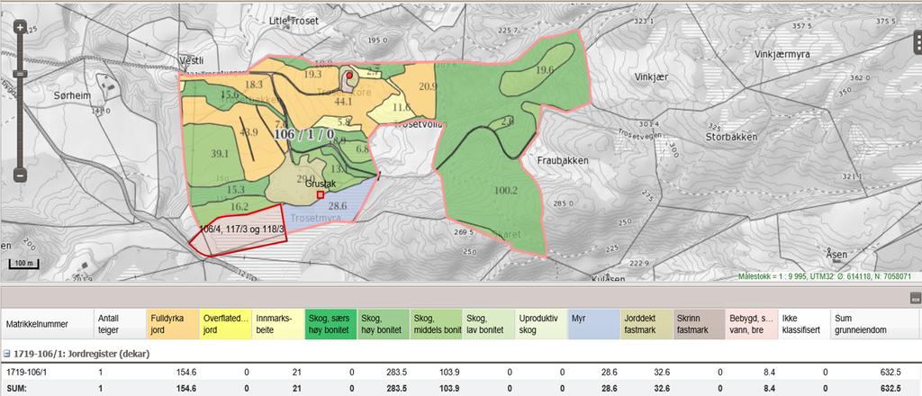 Innherred samkommune - Landbruk og naturforvaltningen Side 5 av 7 Fig. 1 Kart over området Kilde: Nibio sine gårdskart 3.7.2017 Som det fremgår av kartet grenser eiendommen gnr.