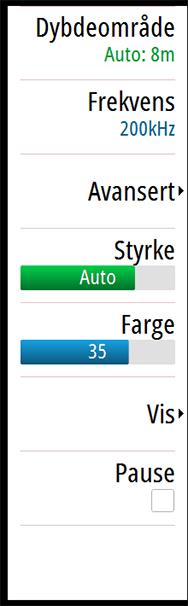 Tilgjengelige frekvenser er avhengig av svingermodellen som er tilkoblet. Du kan vise to frekvenser samtidig ved å velge to ekkoloddvinduer fra Hjem-skjermen. Frekvens er "tonen" svingeren sender ut.