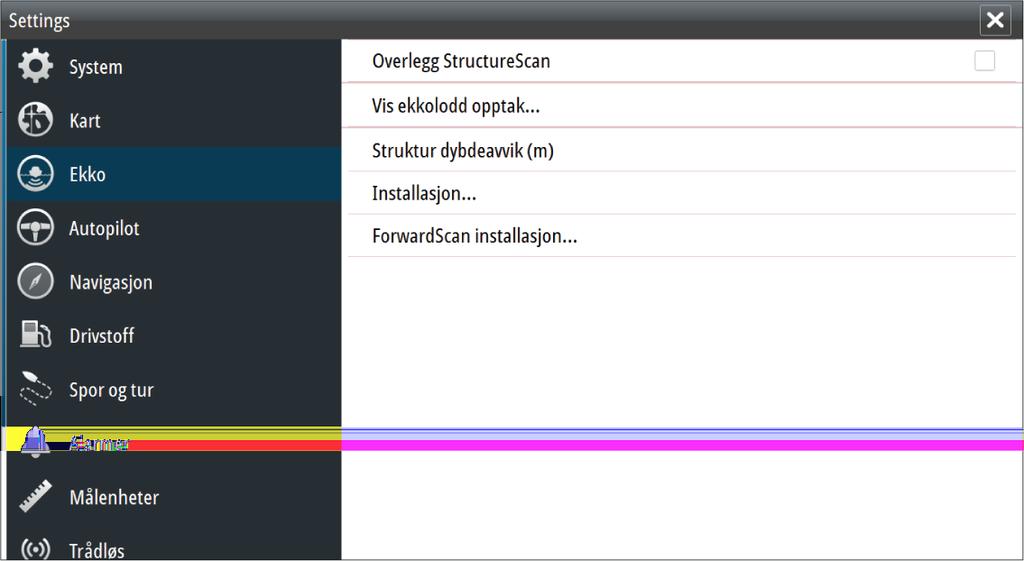 Ekkoloddinnstillinger DownScan-overlegg Når en HDI-svinger med DownScan er koblet til systemet, kan du legge DownScan-bilder over det vanlige Echosounder -bildet.