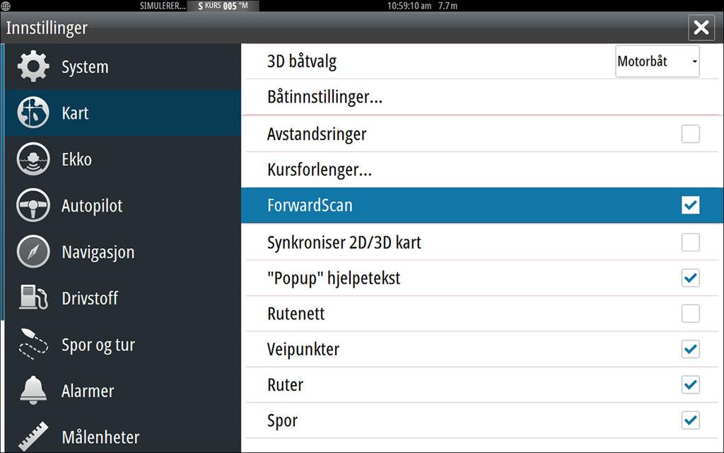 ForwardScan-forlenger 1 Rød Kritisk 2 Gul Fare 3 Grønn Trygt Velg ForwardScan i dialogboksen Kartinnstillinger for å vise den forlengede