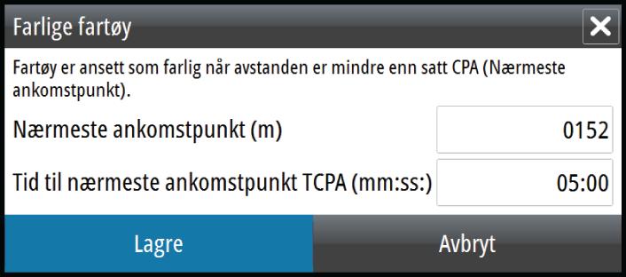 for farlig mål. Det utløses en alarm hvis dette er aktivert på Alarminnstillinger-vinduet.