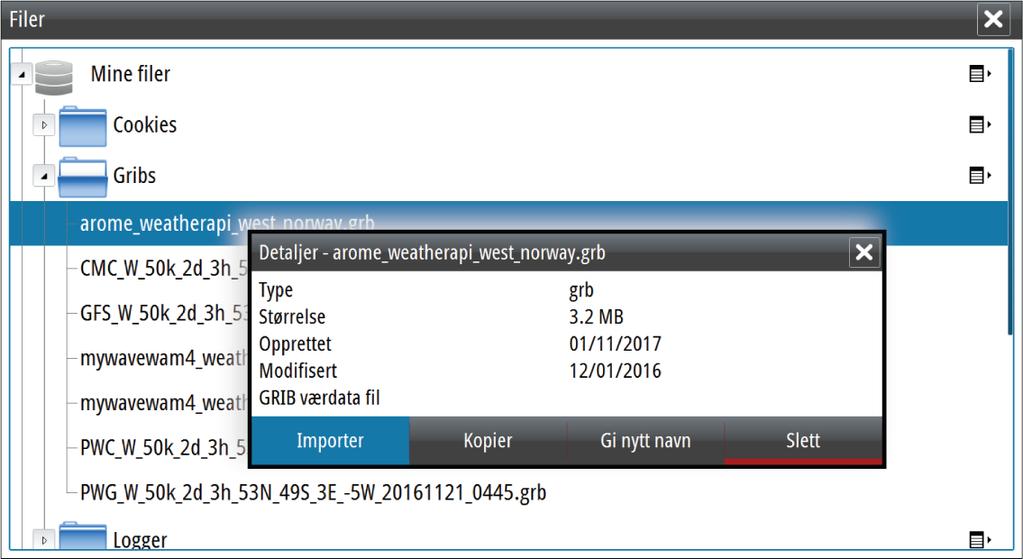 det detaljert informasjon om observasjonen. Du kan også vise den detaljerte informasjonen fra menyen når værikonet er valgt. GRIB-vær En GRIB-fil inneholder værvarsler for et gitt antall dager.