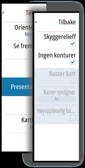 Høyoppløselig batymetri Aktiverer og deaktiverer en høyere konsentrasjon av konturlinjer.