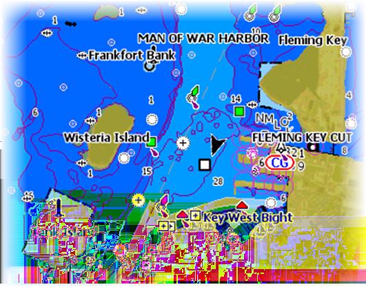 Sikkerhetsdybde Insight- og C-MAP-kart bruker ulike blånyanser til å skille mellom grunt (lysere toner) og dypt (mørkere toner)