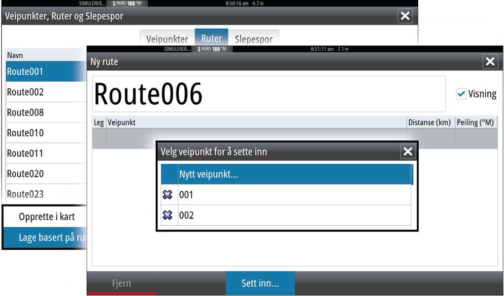 Opprette ruter fra eksisterende veipunkter Du kan opprette en ny rute ved å kombinere eksisterende veipunkter fra dialogboksen Ruter.