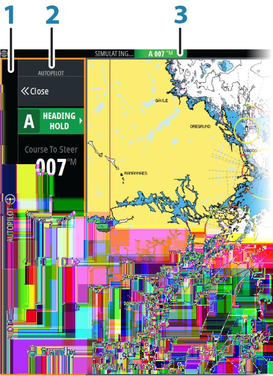 Autopilotangivelse i skjermvinduer 1 Kontrollinje 2 Autopilotkontroller 3 Autopilotangivelse på statuslinje Angivelse av autopilotmodus på statuslinjen Statuslinjen viser autopilotinformasjon så sant