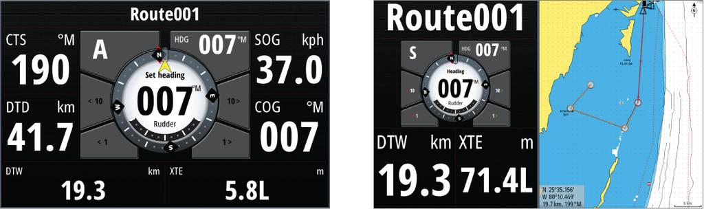 Datafelt Følgende forkortelser brukes på autopilotvinduet: CTS DTD DTW SOG COG XTE Kurs å styre Distanse til ankomstpunkt Distanse til neste veipunkt Fart over grunn Kurs over grunn Seilingsavvik (L: