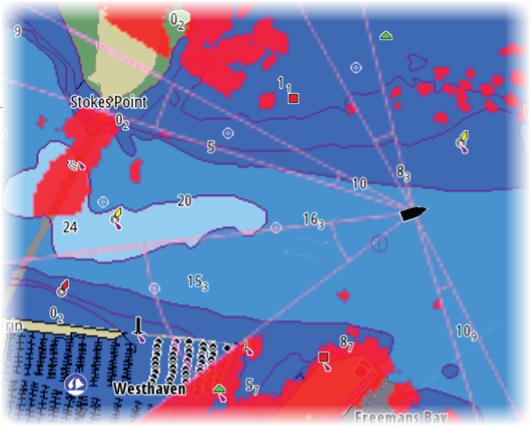 Hovedradar-PPI Radaroverlegg på et kart Justere radarbildet Du kan kanskje forbedre radarbildet ved å justere radarens følsomhet og ved å filtrere vekk tilfeldige ekkoer fra hav- og værforhold.
