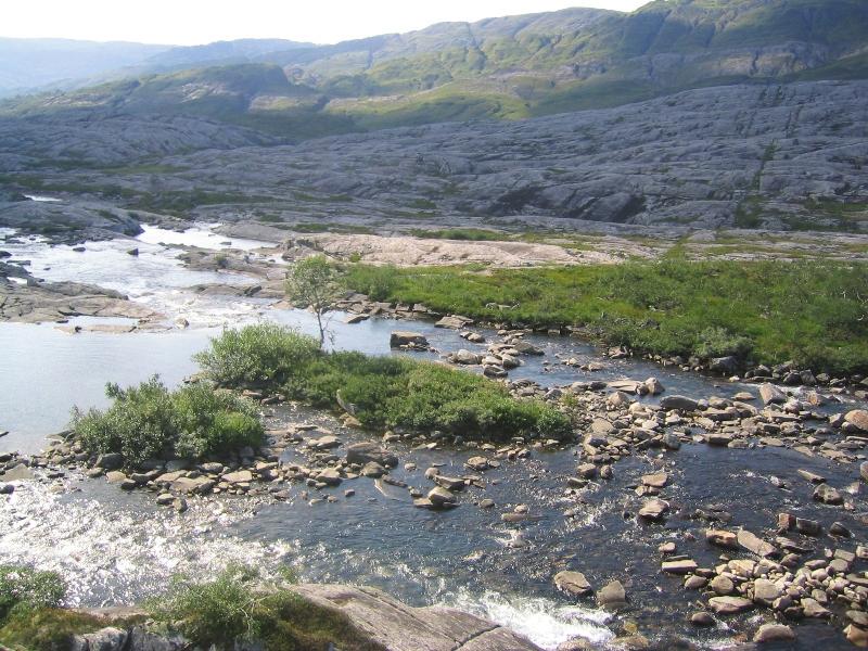 Bilde 3.6. Elva fra øvre Fagervollvatna er grovsteinet og tidvis svært stri, og er derfor lite egnet som gyteområde for ørret.