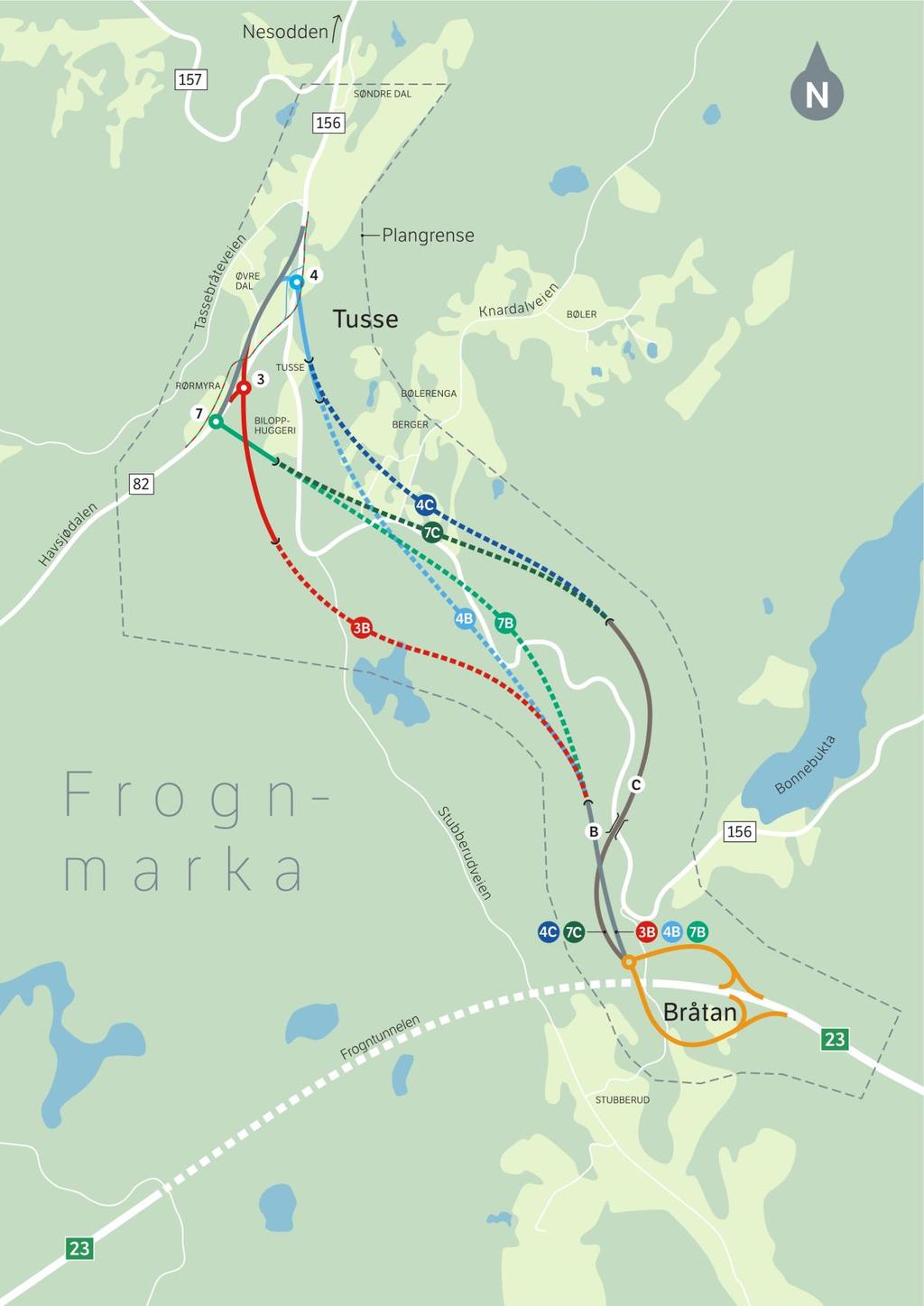 Fv. Bråtan Tusse Innledning rundkjøringen på Bråtan (Tunnelportal C) likt alternativ 4C. Tunneltraséen dreier vestover og kommer ut i dagen rett syd for bilopphuggeriet (Tunnelportal 7).