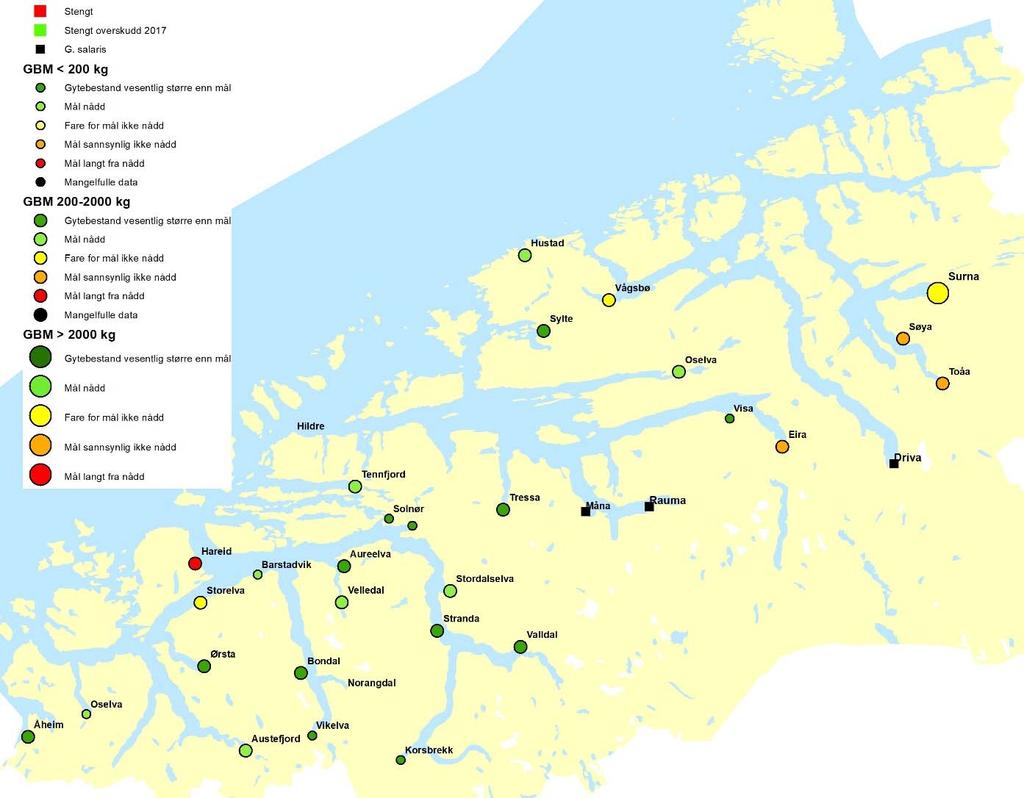 MØRE OG ROMSDAL Figur 3.11. Kart over vurderte laksevassdrag i Møre og Romsdal med oversikt over beskatningsvurderinger. Størrelsen på symbolene angir størrelsen på gytebestandsmålet.