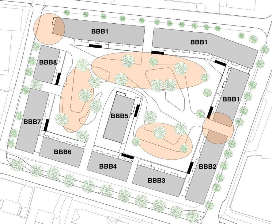 Romdannelser Kvartalet organiseres som et storgårdskvartal. Dette underdeles i overlappende romsoner. Det etableres et urbant torg som tyngdepunkt mot Gulskogen Senter.