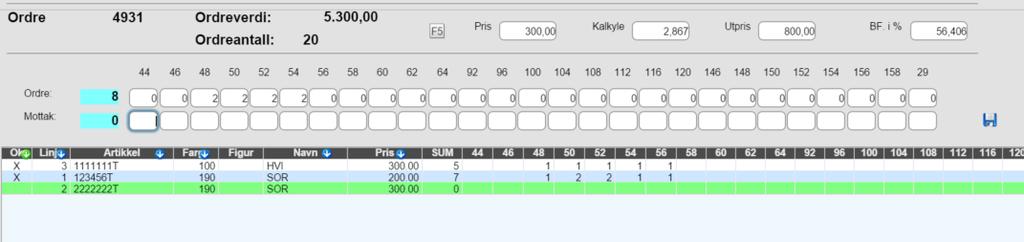 Her kommer linje opp som viser antall i ordre pr. størrelse, og åpne felt for antall mottatt. Sett inn antall mottatt og trykk lagre.