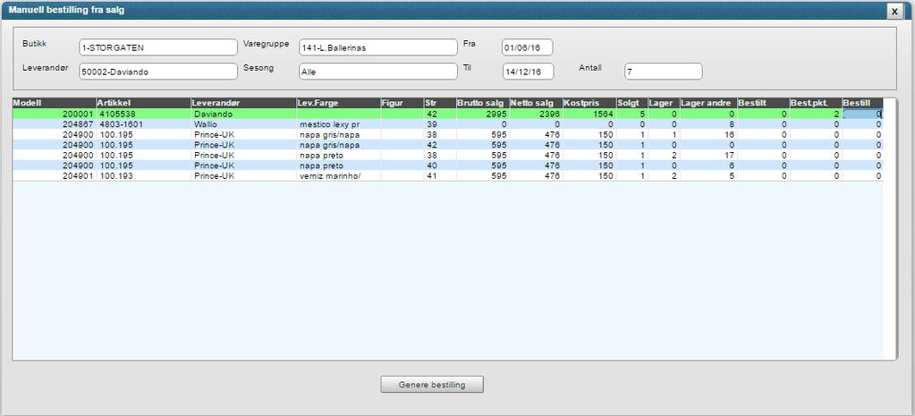 Page 5 of 23 Du velger varelinjen ved å klikke og angir deretter antallet i feltet <Bestille>. Se bildet nedenfor. Klikk på knappen <Genere bestilling> får danne en ny bestilling/ordre.