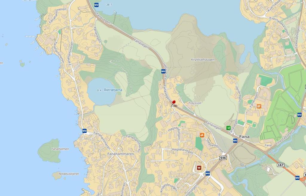 NILU rapport /1 Figur 1: Kart over veiavsnitt av Fanavegen (FV). Rød markør viser målestedet. Kilde: kart.finn.