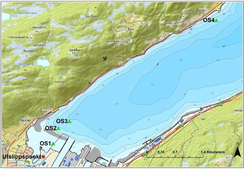 Figur 12: Oversiktskart over prøvetakingsstasjoner for sedimenter, sedimentstasjonene vises med grønne trekanter, utslippspunktet til Washington Mills vises med en rød stjerne. 2.3.