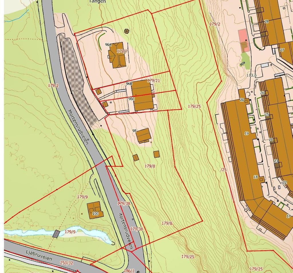 Figur 4: Det skraverte, svarte feltet viser området hvor parkslirekne, kanadagullris og hagelupin er registrert. Tomtegrenser er markert med rødt og gårds- og bruksnummer er markert med rød skrift.