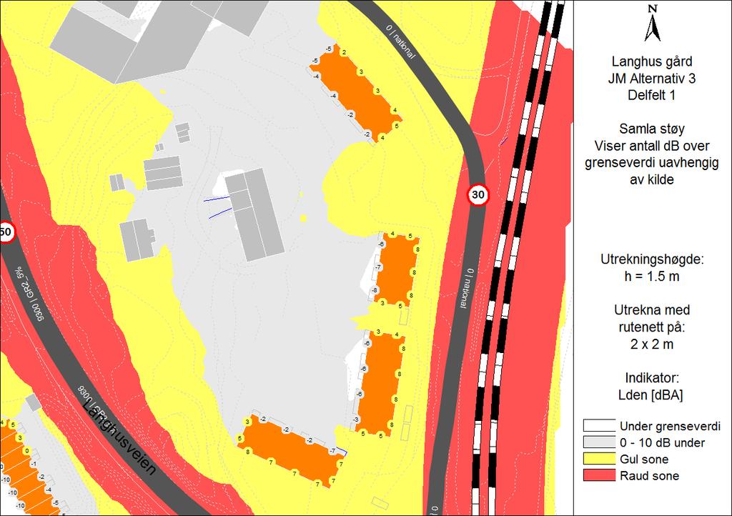4. Samlet støybelastning 4..1 Støy på uteoppholdsareal og fasader Delområde 1 Delområde 1 vil få et stille gårdsrom/uteoppholdsareal som er skjermet for støy fra jernbane og vegtrafikk.
