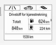 118 Instrumenter og betjeningselementer Drivstoff-rekkevidde, bi-fuel-motor Visning av omtrentlig total drivstoffrekkevidde og for hver av drivstofftankene (LPG eller CNG og bensin).