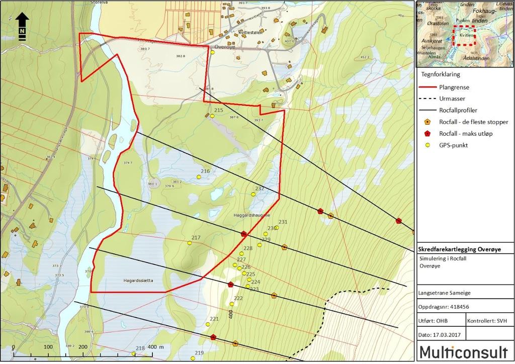 Figur 7-4: Simulert steinsprang indikerer lengst utløpslengde markert med rød markering. De fleste blokker stopper opp ved oransje markering.