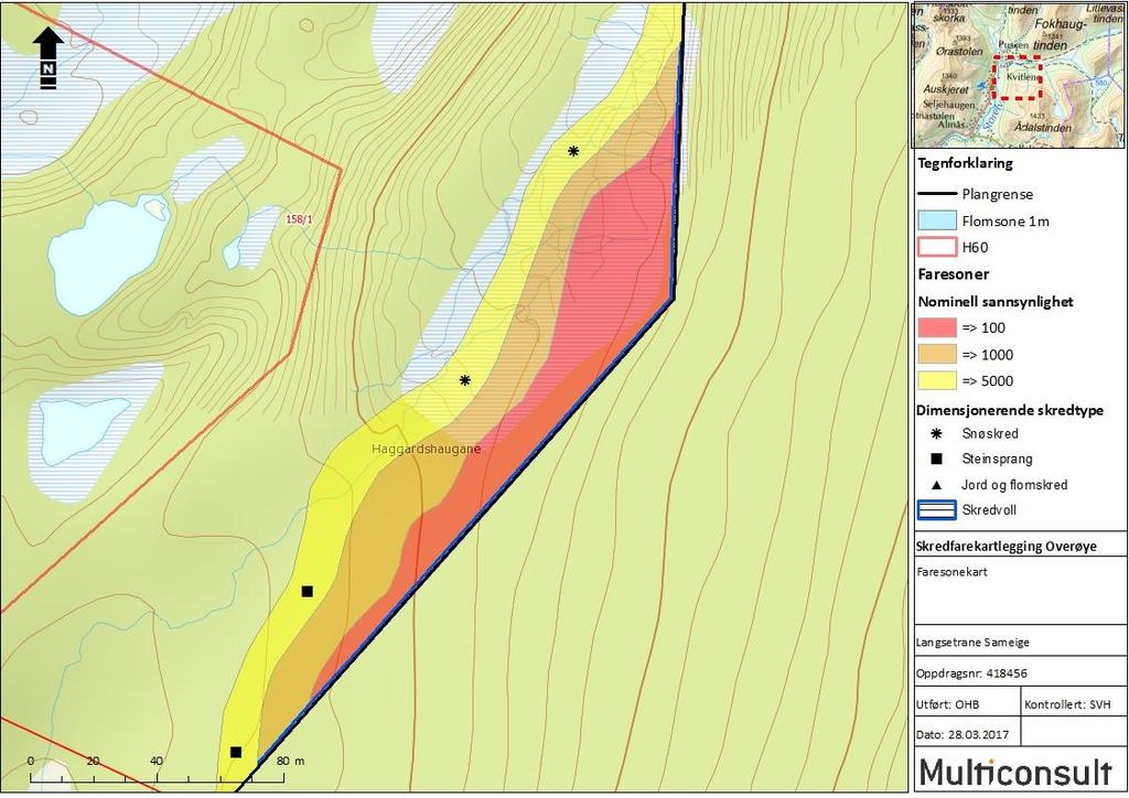 Område H60 er markert med rødt polygon. Figur 8-1: Faresonekart med flomberegning på 1 m.