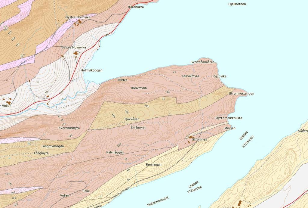 2 1 3 Figur 2: Utsnitt fra NGU sitt digitale berggrunnskart over området, målestokk 1:50.000 (2). Rød stiplet linje viser omtrentlig trasé for Strømnestunnelen.